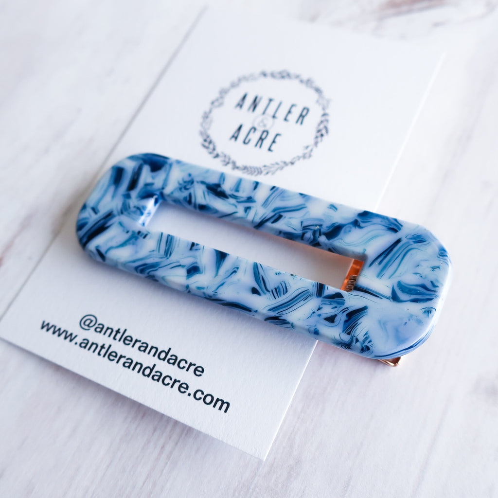 Hair Clip - Blue Marble (Rectangle)